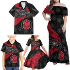 Personalized Essendon Football Family Matching Off Shoulder Maxi Dress and Hawaiian Shirt Easter Egg Pattern Red Black Tribal Dot Art Style