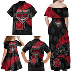 Personalized Essendon Football Family Matching Off Shoulder Maxi Dress and Hawaiian Shirt Easter Egg Pattern Red Black Tribal Dot Art Style