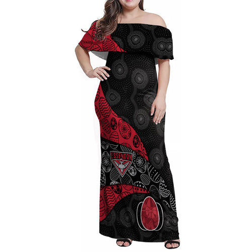 Personalized Essendon Football Family Matching Off Shoulder Maxi Dress and Hawaiian Shirt Easter Egg Pattern Red Black Tribal Dot Art Style