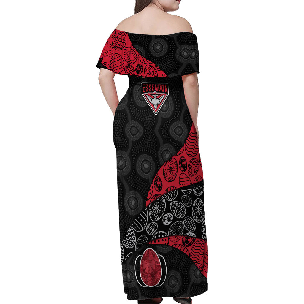 Personalized Essendon Football Family Matching Off Shoulder Maxi Dress and Hawaiian Shirt Easter Egg Pattern Red Black Tribal Dot Art Style
