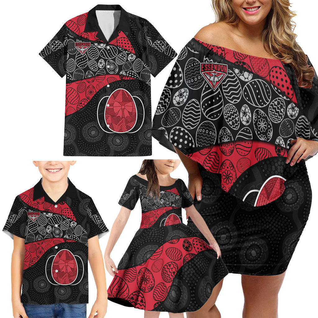 Personalized Essendon Football Family Matching Off Shoulder Short Dress and Hawaiian Shirt Easter Egg Pattern Red Black Tribal Dot Art Style