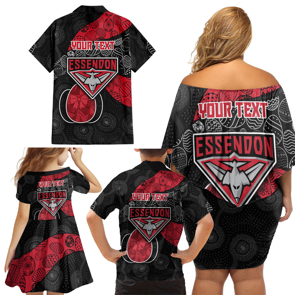 Personalized Essendon Football Family Matching Off Shoulder Short Dress and Hawaiian Shirt Easter Egg Pattern Red Black Tribal Dot Art Style