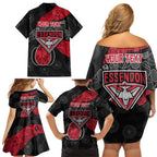 Personalized Essendon Football Family Matching Off Shoulder Short Dress and Hawaiian Shirt Easter Egg Pattern Red Black Tribal Dot Art Style