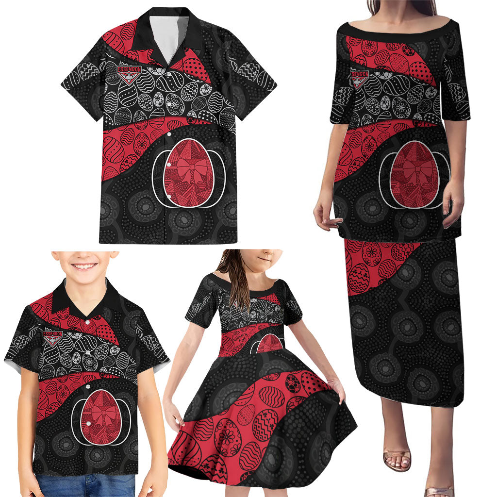 Personalized Essendon Football Family Matching Puletasi and Hawaiian Shirt Easter Egg Pattern Red Black Tribal Dot Art Style