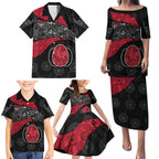 Personalized Essendon Football Family Matching Puletasi and Hawaiian Shirt Easter Egg Pattern Red Black Tribal Dot Art Style