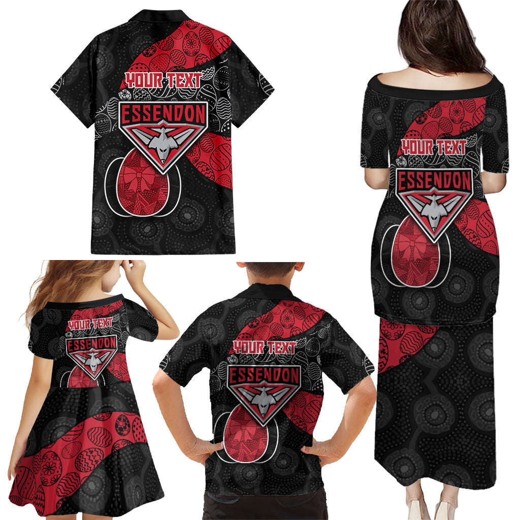 Personalized Essendon Football Family Matching Puletasi and Hawaiian Shirt Easter Egg Pattern Red Black Tribal Dot Art Style