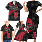 Personalized Essendon Football Family Matching Short Sleeve Bodycon Dress and Hawaiian Shirt Easter Egg Pattern Red Black Tribal Dot Art Style