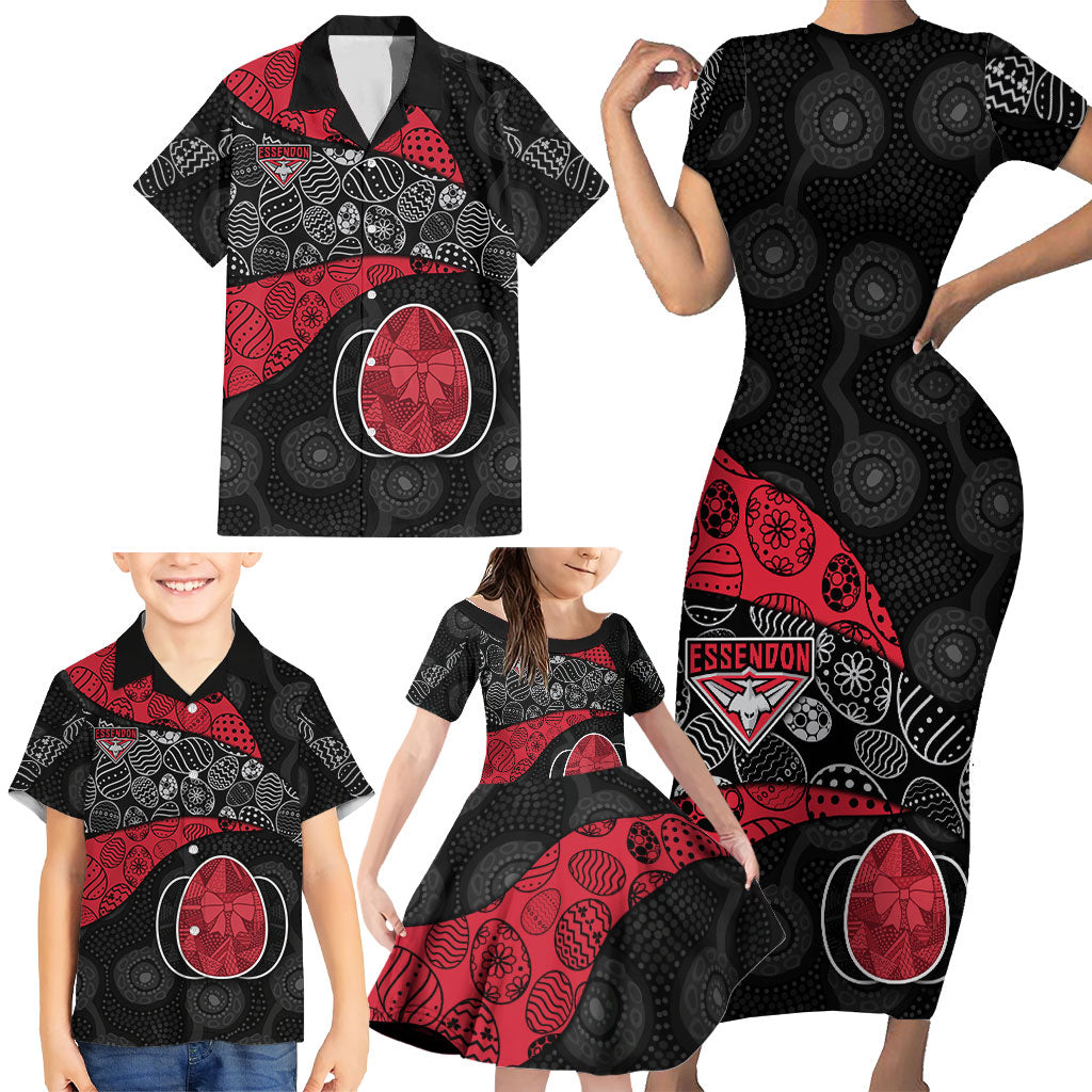 Personalized Essendon Football Family Matching Short Sleeve Bodycon Dress and Hawaiian Shirt Easter Egg Pattern Red Black Tribal Dot Art Style