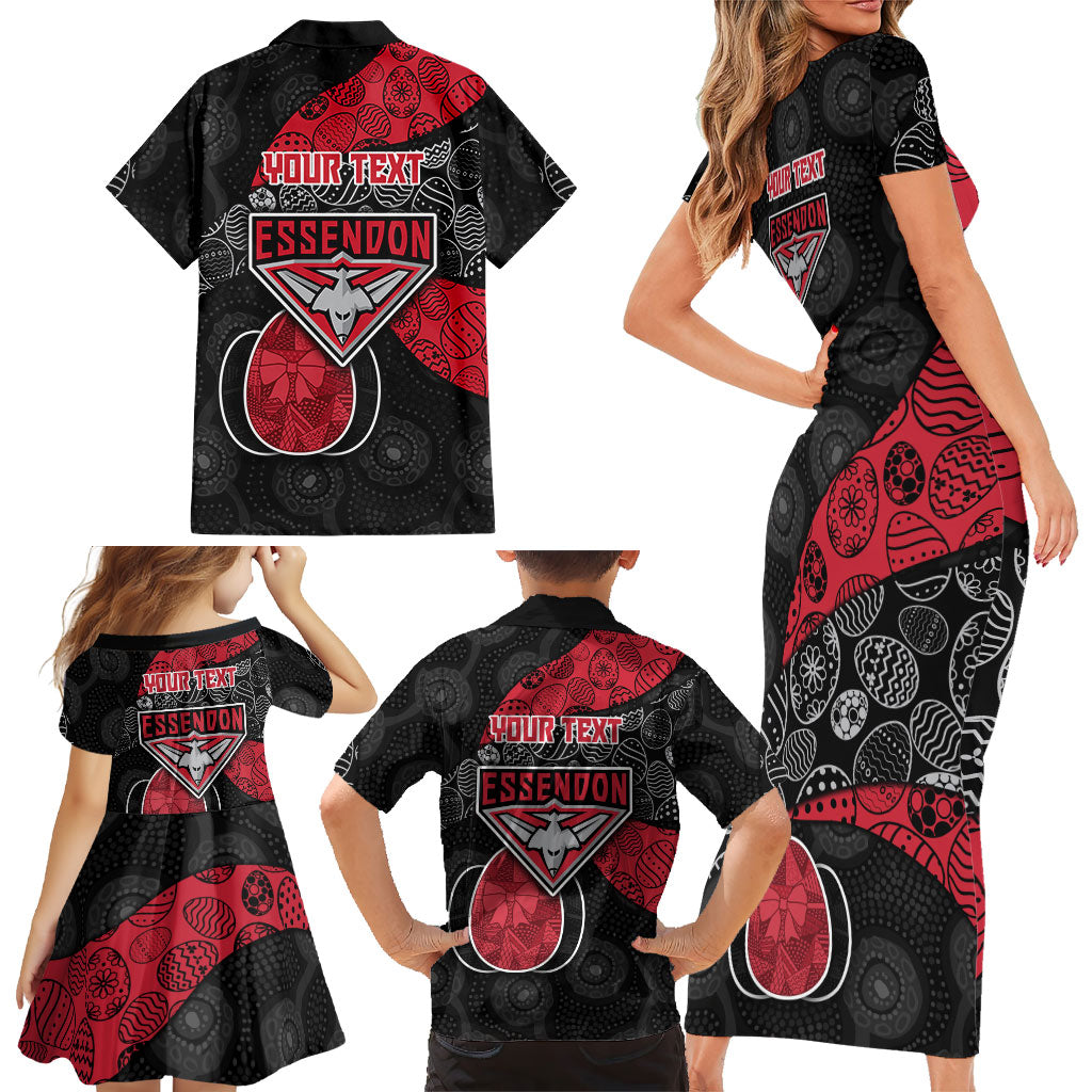 Personalized Essendon Football Family Matching Short Sleeve Bodycon Dress and Hawaiian Shirt Easter Egg Pattern Red Black Tribal Dot Art Style