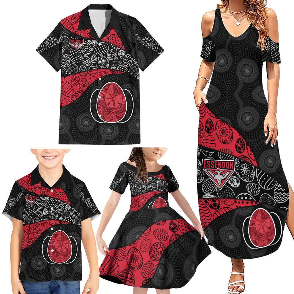 Personalized Essendon Football Family Matching Summer Maxi Dress and Hawaiian Shirt Easter Egg Pattern Red Black Tribal Dot Art Style