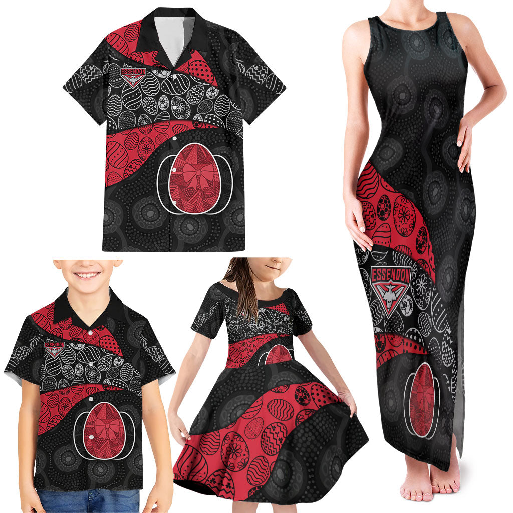 Personalized Essendon Football Family Matching Tank Maxi Dress and Hawaiian Shirt Easter Egg Pattern Red Black Tribal Dot Art Style