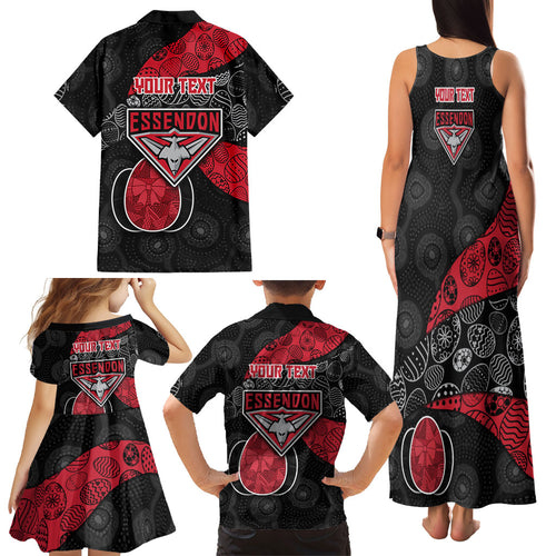 Personalized Essendon Football Family Matching Tank Maxi Dress and Hawaiian Shirt Easter Egg Pattern Red Black Tribal Dot Art Style