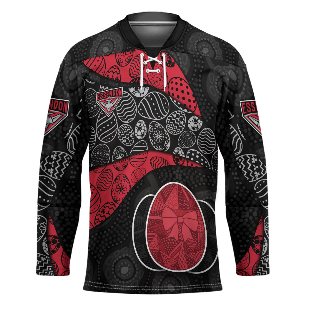 Personalized Essendon Football Hockey Jersey Easter Egg Pattern Red Black Tribal Dot Art Style