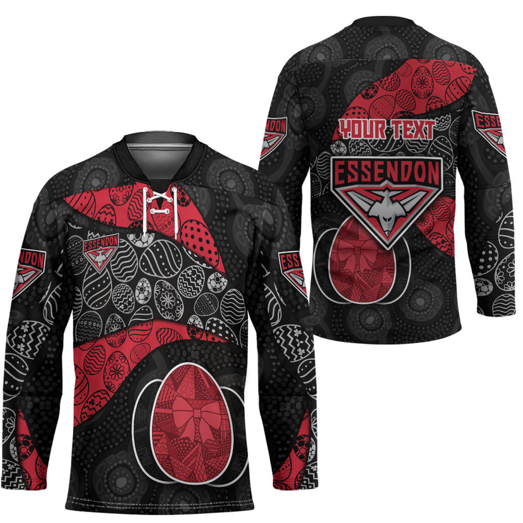 Personalized Essendon Football Hockey Jersey Easter Egg Pattern Red Black Tribal Dot Art Style