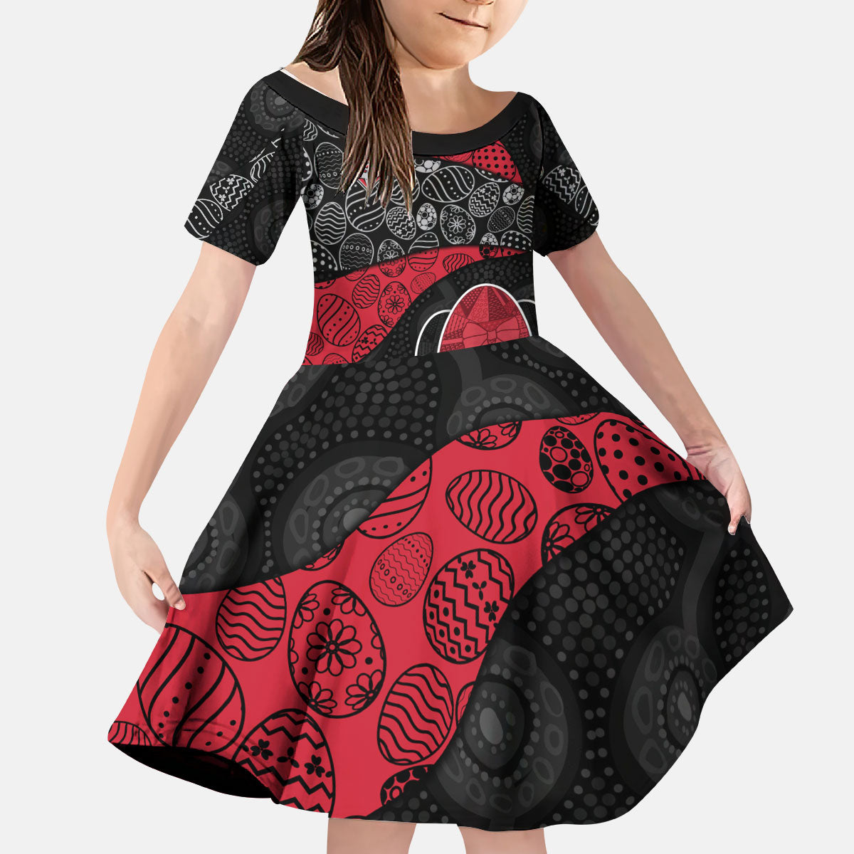 Personalized Essendon Football Kid Short Sleeve Dress Easter Egg Pattern Red Black Tribal Dot Art Style