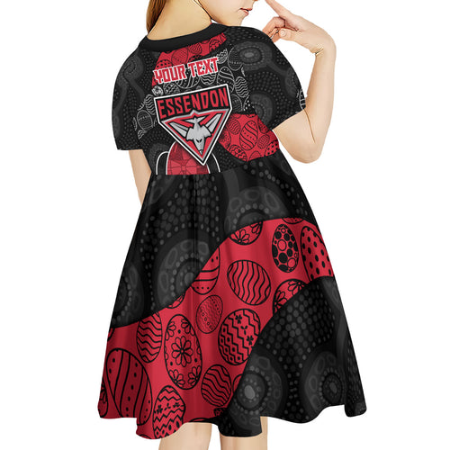Personalized Essendon Football Kid Short Sleeve Dress Easter Egg Pattern Red Black Tribal Dot Art Style
