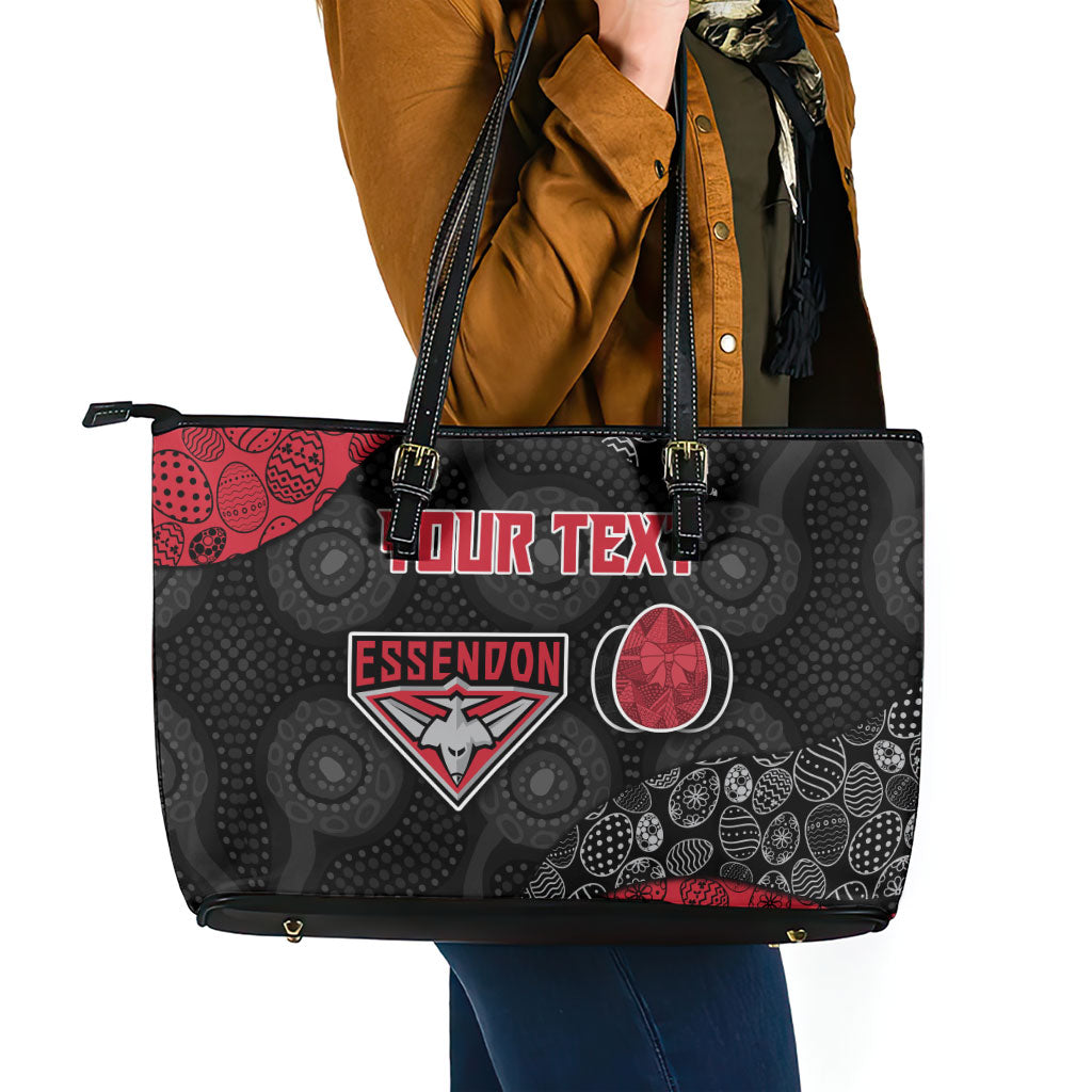 Personalized Essendon Football Leather Tote Bag Easter Egg Pattern Red Black Tribal Dot Art Style
