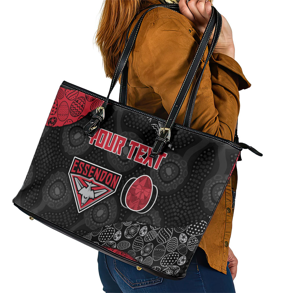 Personalized Essendon Football Leather Tote Bag Easter Egg Pattern Red Black Tribal Dot Art Style