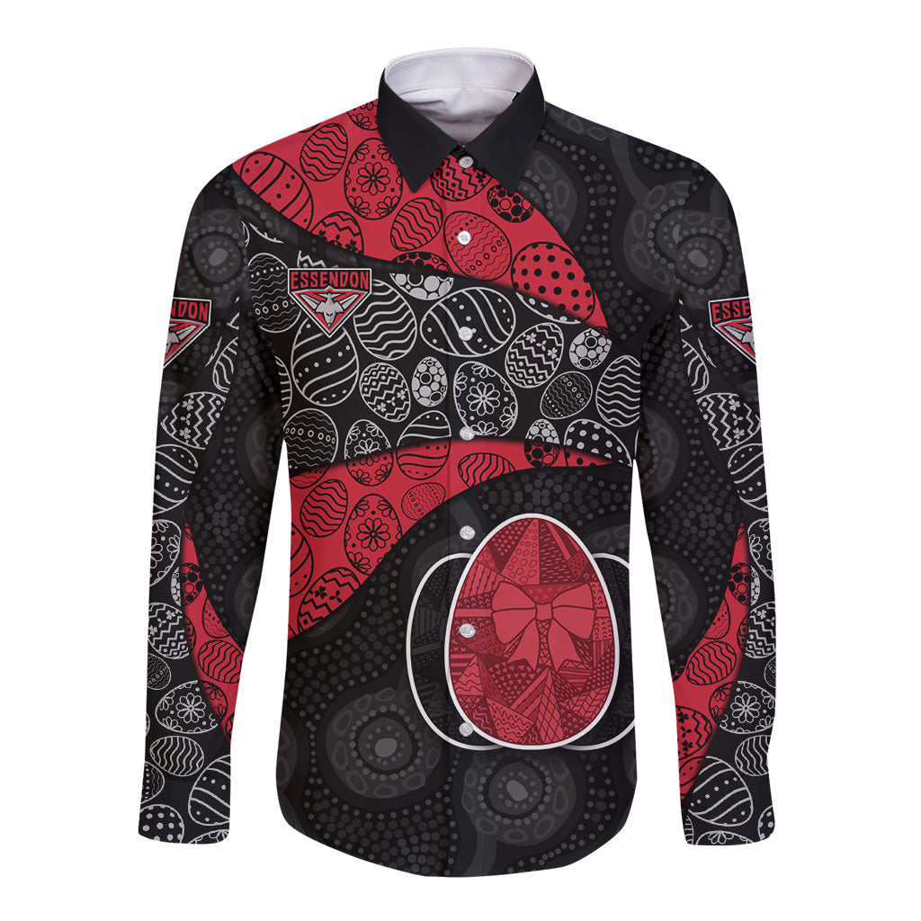 Personalized Essendon Football Long Sleeve Button Shirt Easter Egg Pattern Red Black Tribal Dot Art Style