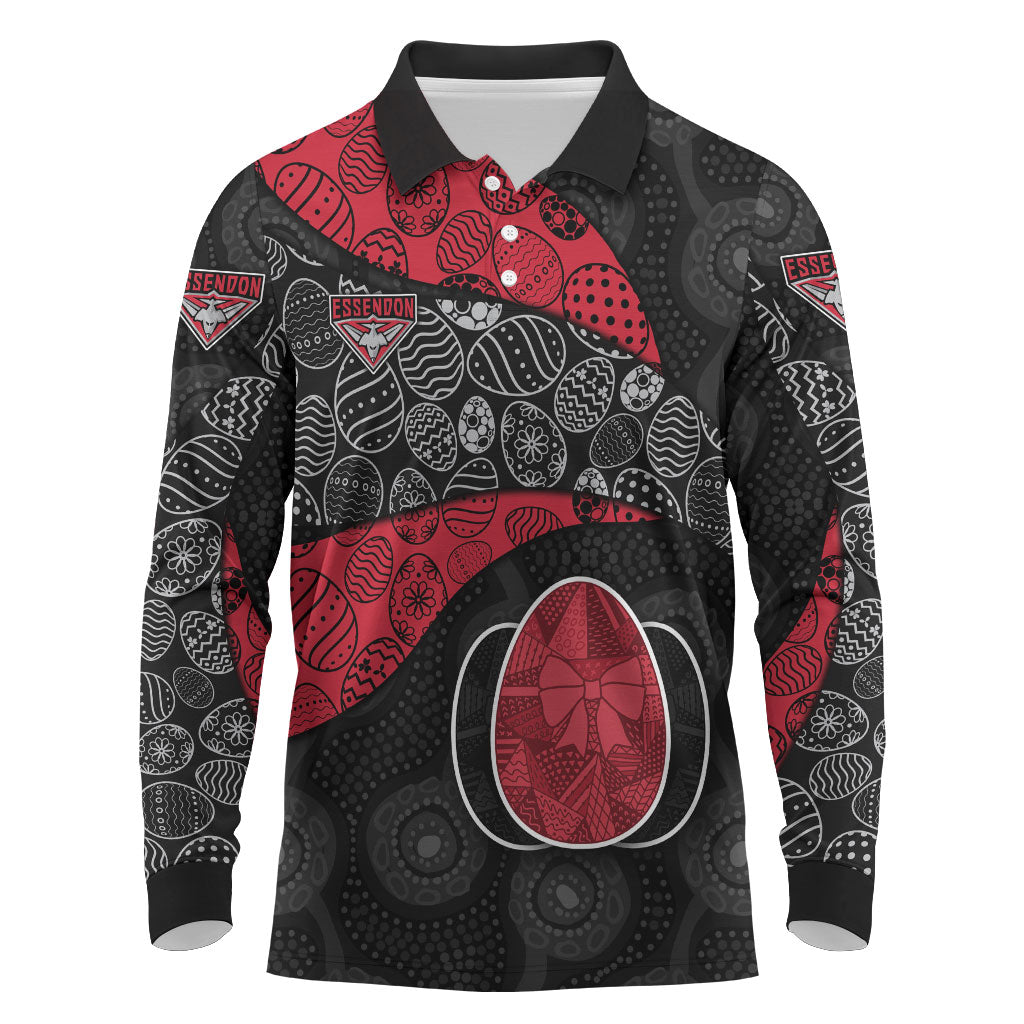 Personalized Essendon Football Long Sleeve Polo Shirt Easter Egg Pattern Red Black Tribal Dot Art Style
