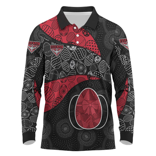 Personalized Essendon Football Long Sleeve Polo Shirt Easter Egg Pattern Red Black Tribal Dot Art Style