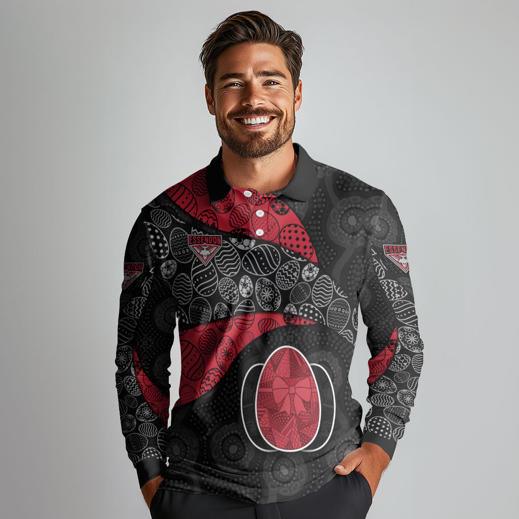Personalized Essendon Football Long Sleeve Polo Shirt Easter Egg Pattern Red Black Tribal Dot Art Style
