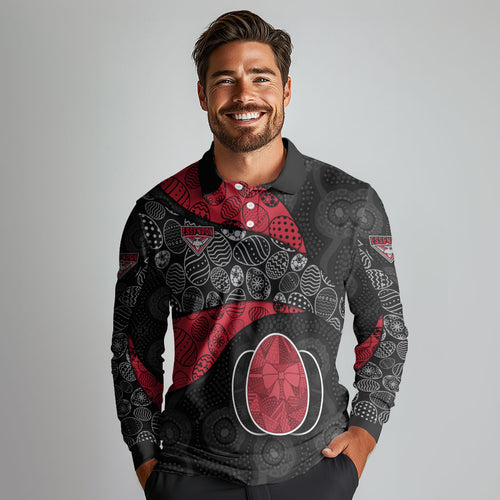 Personalized Essendon Football Long Sleeve Polo Shirt Easter Egg Pattern Red Black Tribal Dot Art Style
