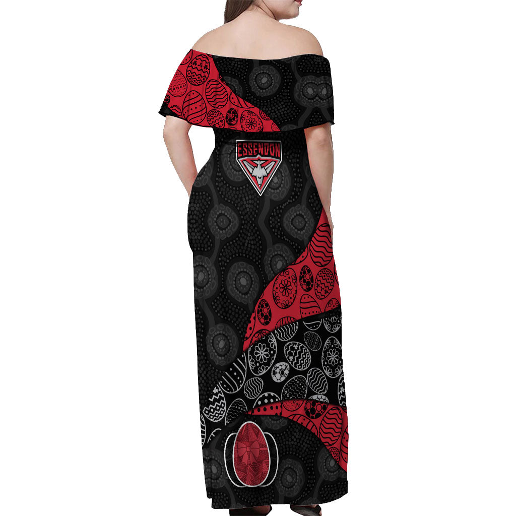 Personalized Essendon Football Off Shoulder Maxi Dress Easter Egg Pattern Red Black Tribal Dot Art Style