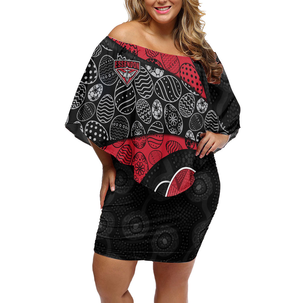 Personalized Essendon Football Off Shoulder Short Dress Easter Egg Pattern Red Black Tribal Dot Art Style