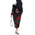 Personalized Essendon Football Off The Shoulder Long Sleeve Dress Easter Egg Pattern Red Black Tribal Dot Art Style