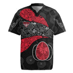 Personalized Essendon Football Rugby Jersey Easter Egg Pattern Red Black Tribal Dot Art Style