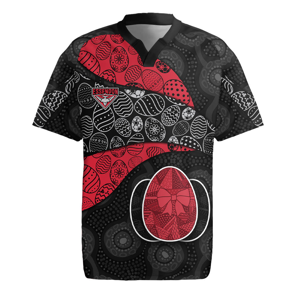Personalized Essendon Football Rugby Jersey Easter Egg Pattern Red Black Tribal Dot Art Style