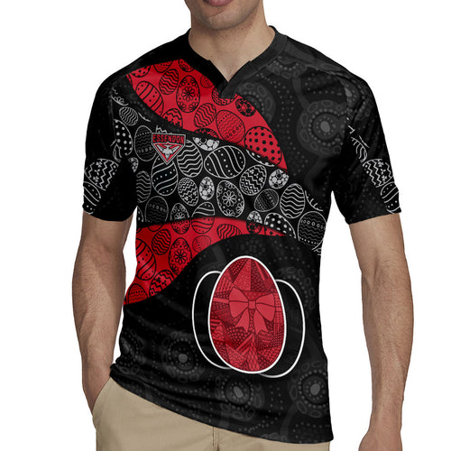 Personalized Essendon Football Rugby Jersey Easter Egg Pattern Red Black Tribal Dot Art Style