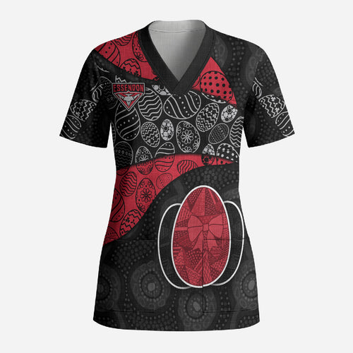 Personalized Essendon Football Scrub Top Easter Egg Pattern Red Black Tribal Dot Art Style