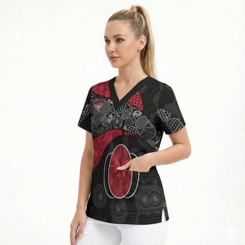 Personalized Essendon Football Scrub Top Easter Egg Pattern Red Black Tribal Dot Art Style