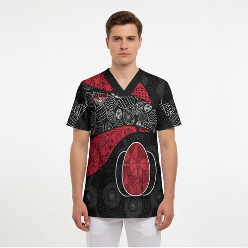 Personalized Essendon Football Scrub Top Easter Egg Pattern Red Black Tribal Dot Art Style