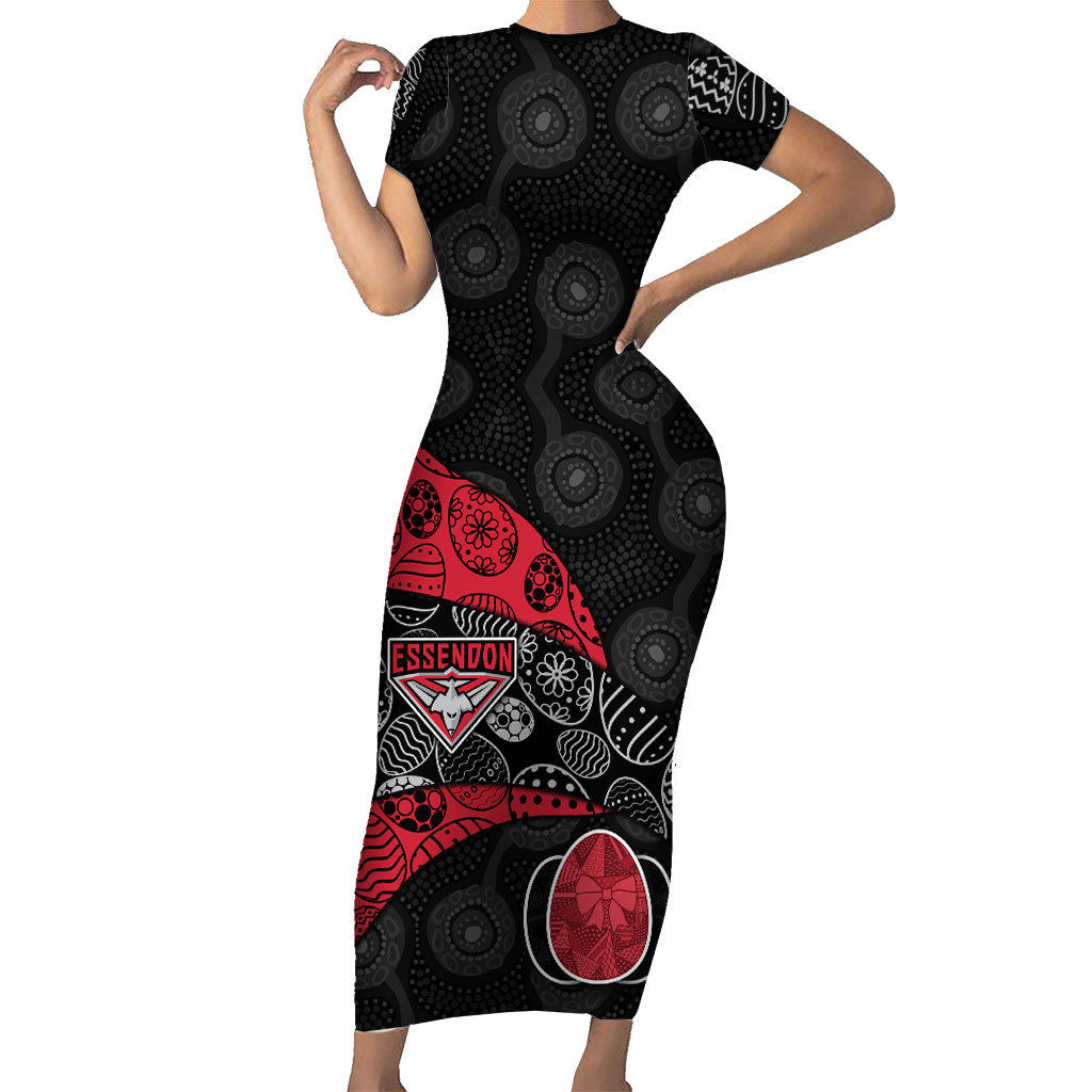 Personalized Essendon Football Short Sleeve Bodycon Dress Easter Egg Pattern Red Black Tribal Dot Art Style