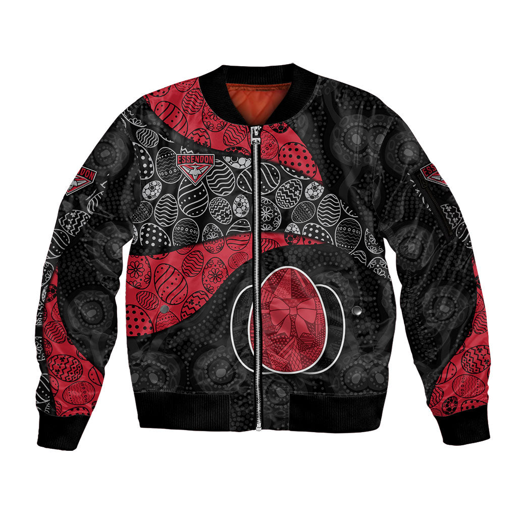 Personalized Essendon Football Sleeve Zip Bomber Jacket Easter Egg Pattern Red Black Tribal Dot Art Style