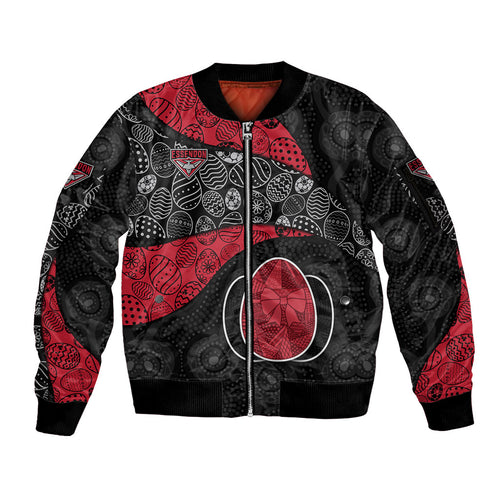 Personalized Essendon Football Sleeve Zip Bomber Jacket Easter Egg Pattern Red Black Tribal Dot Art Style