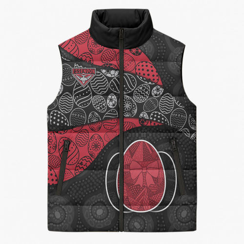 Personalized Essendon Football Sleeveless Puffer Jacket Easter Egg Pattern Red Black Tribal Dot Art Style