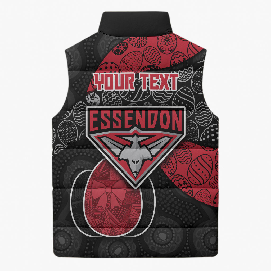 Personalized Essendon Football Sleeveless Puffer Jacket Easter Egg Pattern Red Black Tribal Dot Art Style