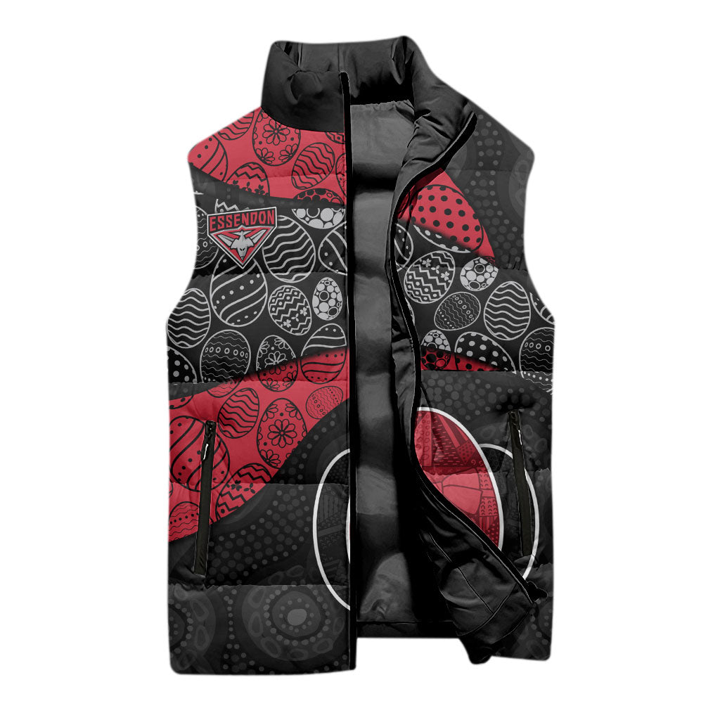 Personalized Essendon Football Sleeveless Puffer Jacket Easter Egg Pattern Red Black Tribal Dot Art Style