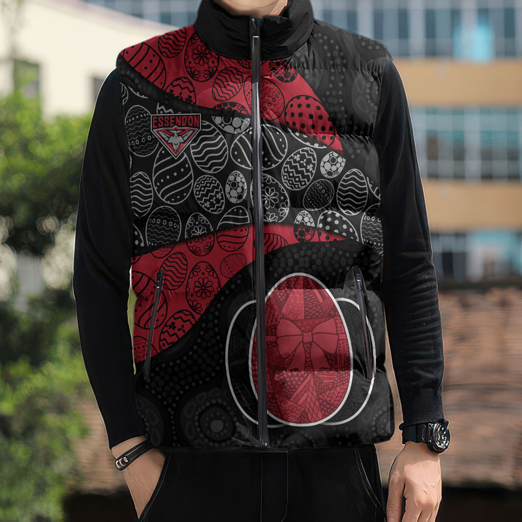 Personalized Essendon Football Sleeveless Puffer Jacket Easter Egg Pattern Red Black Tribal Dot Art Style