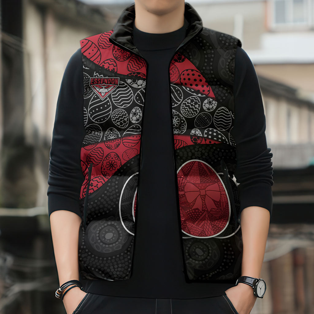 Personalized Essendon Football Sleeveless Puffer Jacket Easter Egg Pattern Red Black Tribal Dot Art Style