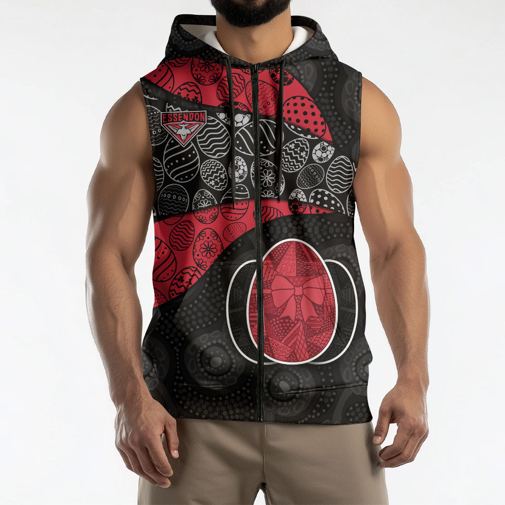Personalized Essendon Football Sleeveless Zip Hoodie Easter Egg Pattern Red Black Tribal Dot Art Style