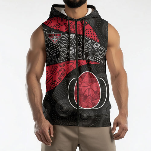 Personalized Essendon Football Sleeveless Zip Hoodie Easter Egg Pattern Red Black Tribal Dot Art Style