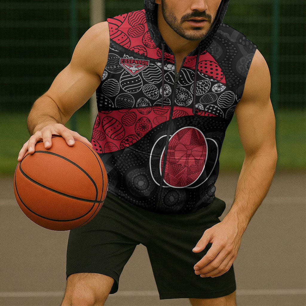 Personalized Essendon Football Sleeveless Zip Hoodie Easter Egg Pattern Red Black Tribal Dot Art Style