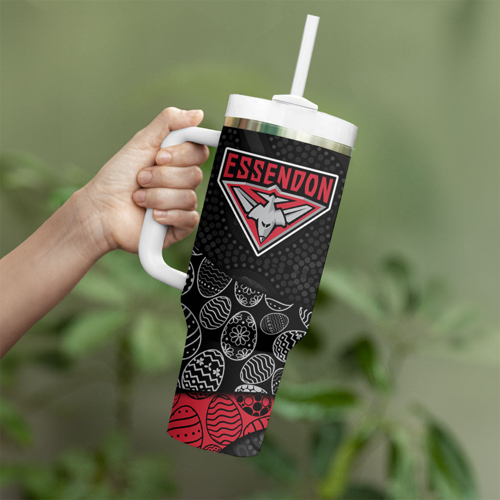 Personalized Essendon Football Tumbler With Handle Easter Egg Pattern Red Black Tribal Dot Art Style