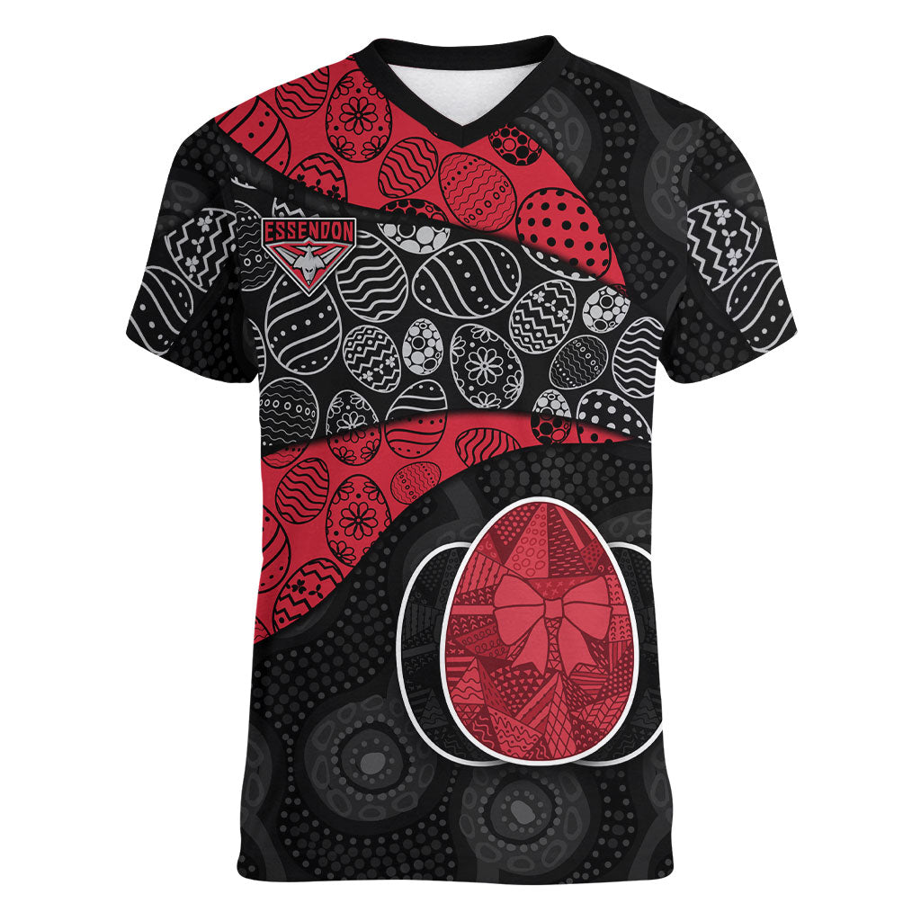 Personalized Essendon Football Women V-Neck T-Shirt Easter Egg Pattern Red Black Tribal Dot Art Style
