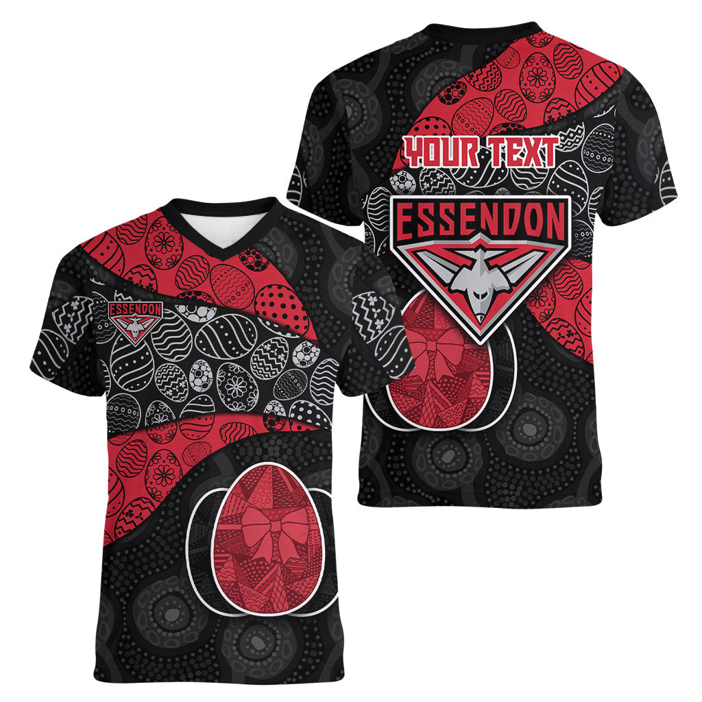 Personalized Essendon Football Women V-Neck T-Shirt Easter Egg Pattern Red Black Tribal Dot Art Style